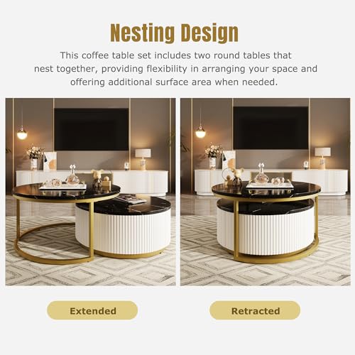 Modern Round Nesting Coffee Table with Drawer and Gold Legs for Living Room and Apartment